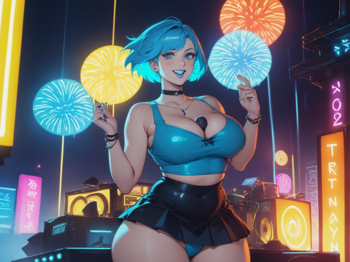 Rounded High Breasts, Blue Fireworks, Neon Lighting Hentai AI Porn