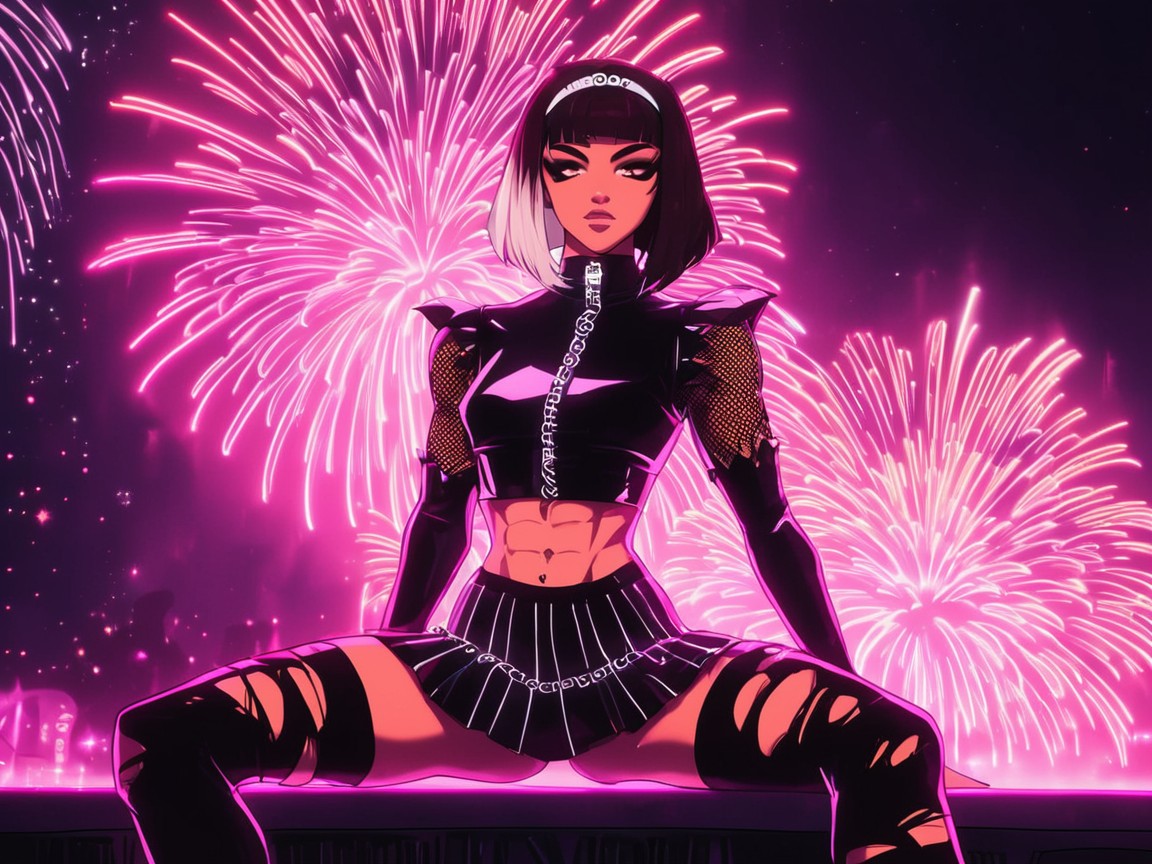 On Stage Fire Background, High Color Contrast, Squared Thighs AI Porn
