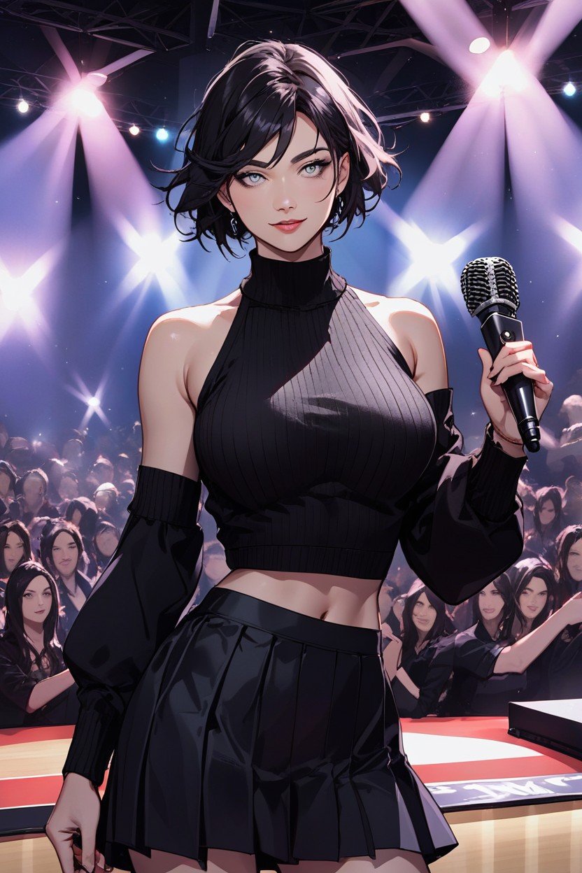 Holding Microphone, Crop Sweater, Primeiro Plano Hentai IA pornografia