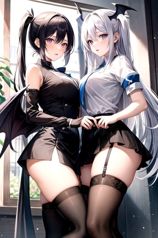 Devils Bat Wings, Angel Wings Grow From Shoulder Break, Two Women Lifting Skirt Together Hentai AI Porn