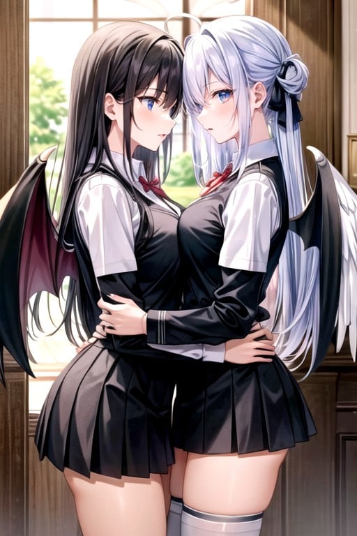 Two Women Wearing Together, Angel White Hair, Two Women Wearing Pleated Skirt TogetherヘンタイAIポルノ