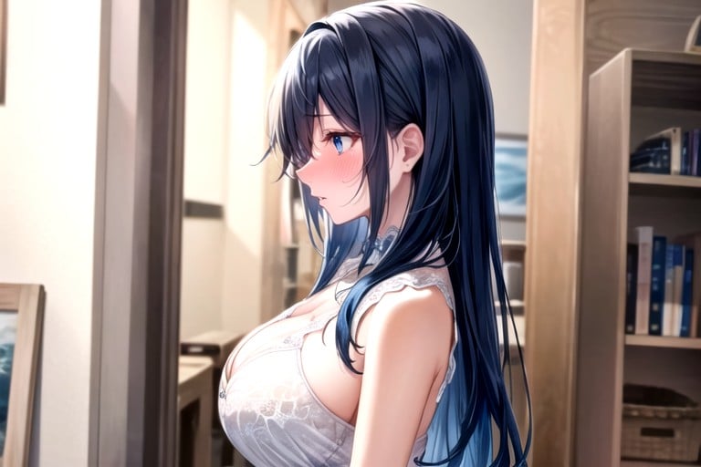 Side View, Blue Hair, Blue Eyes Hentai AI Porn