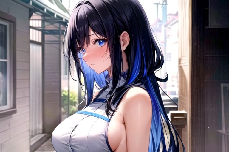 Embarrassed , Blue Hair, Blue Eyes Hentai AI Porn