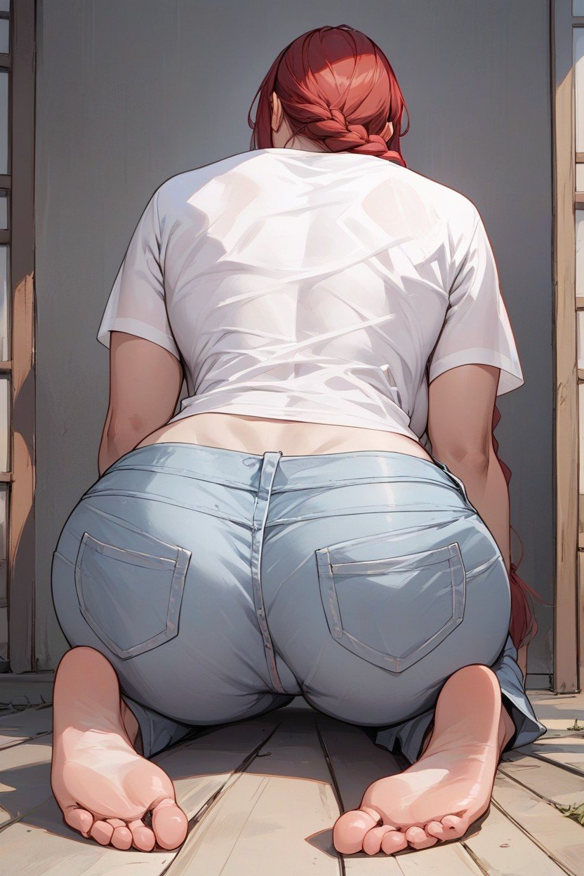 Back View And A Bit From The Side, Feet Under Her Ass, White Loose T-shirtAI黃漫