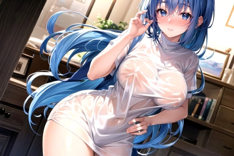 Looking At Viewer, Wet T-shirt, Blue Eyes Hentai AI Porn