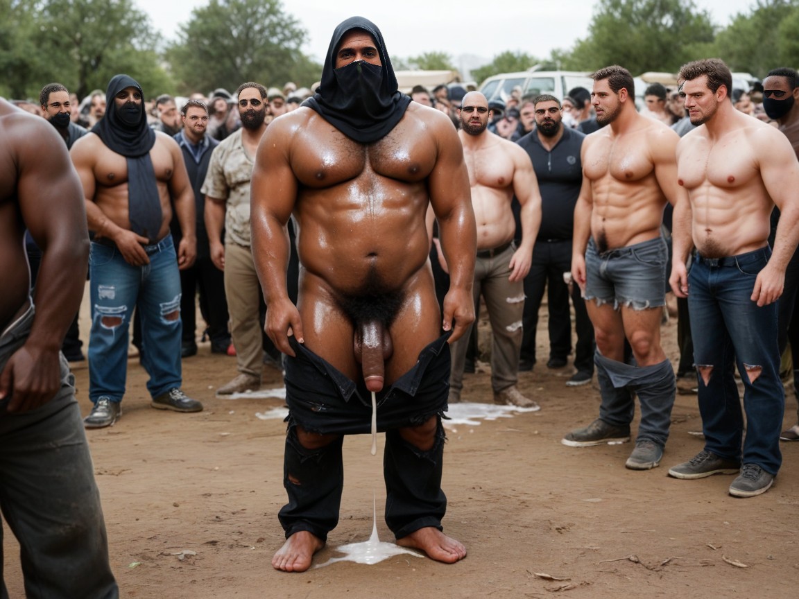 Balls Out Of Fly, Multitude Of Black Bearded Arabs In The Background, Cheveux Noirs Porno IA Gay