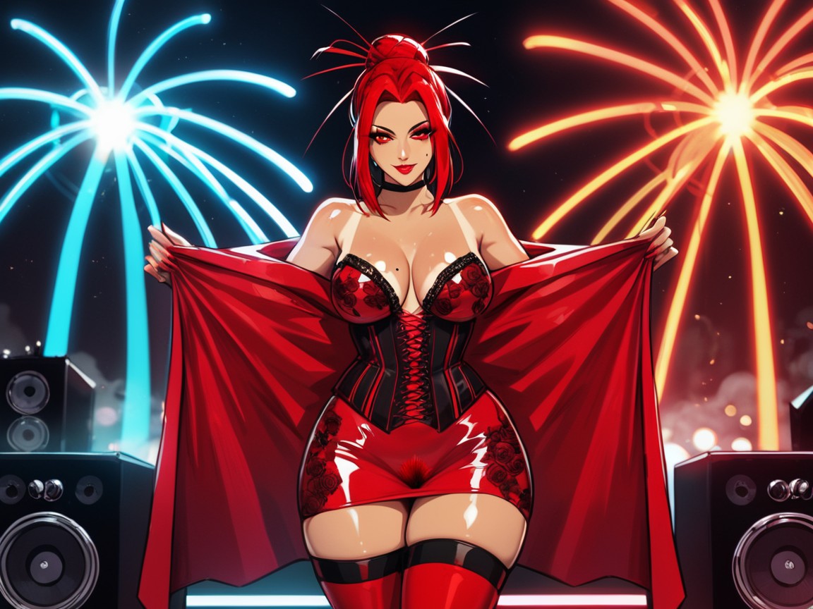 Beauty Mark, Neon Red Lighting, Rock And Roll Concert Latina AI Porn