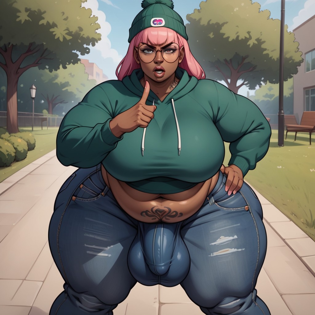 Cartoonish Glasses, Stubby Legs, Extreme Testicle Bulge Shemale AI Porn