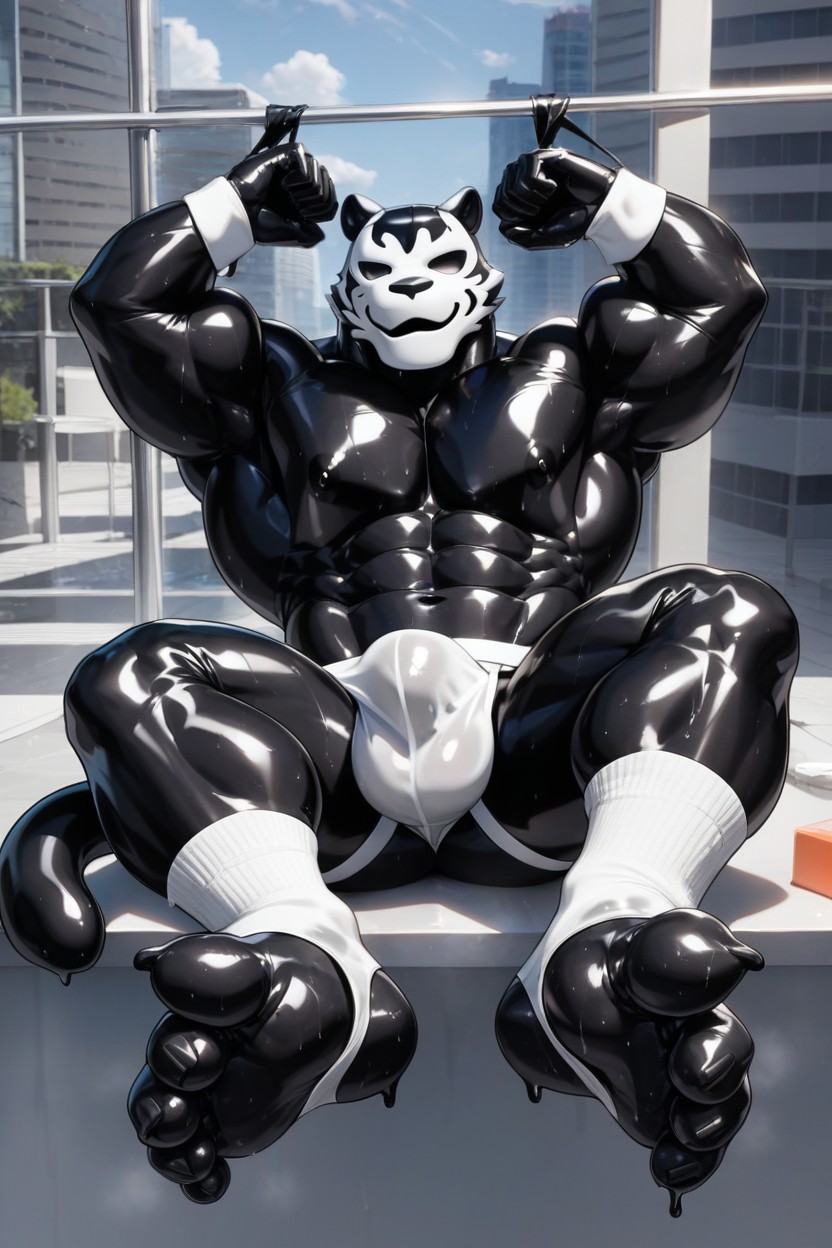Kitty Neon Mask, Veins All Over His Body, Mucus Dripping Off The Body Furry AI Porn