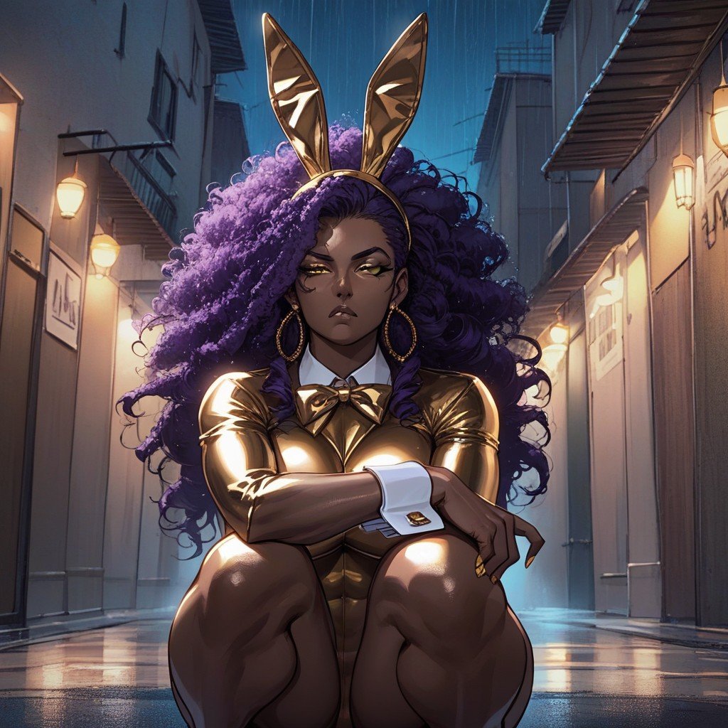 Purple Hair, Long Hair, Gold Reverse Bunny Suit Hentai AI Porn