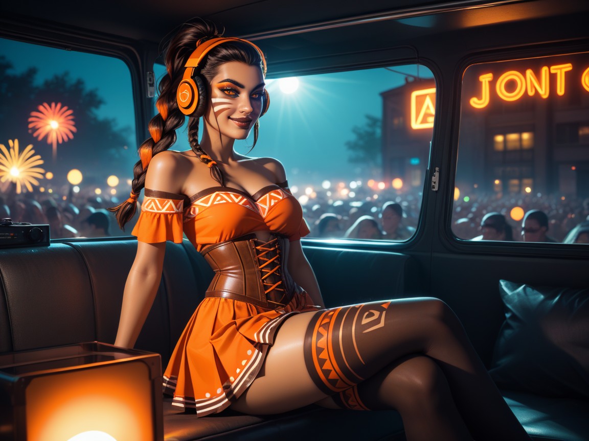 Gótico, Neon Orange Music Notes In Background, Rock And Roll Concert Porno latina IA