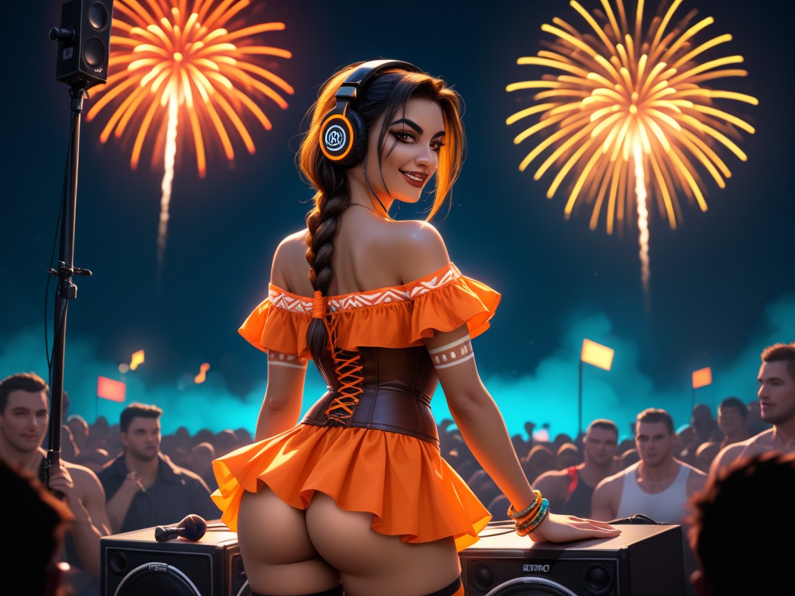 Brown Eyes, Matching Eyes, Neon Orange Fog In Background Latina AI Porn
