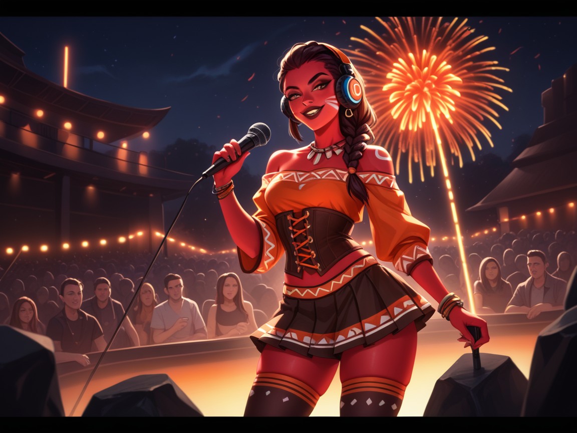 Smug Expression, Black Braided Ponytail, Wearing Orange Tribal Rockstar Clothes Hentai AI Porn