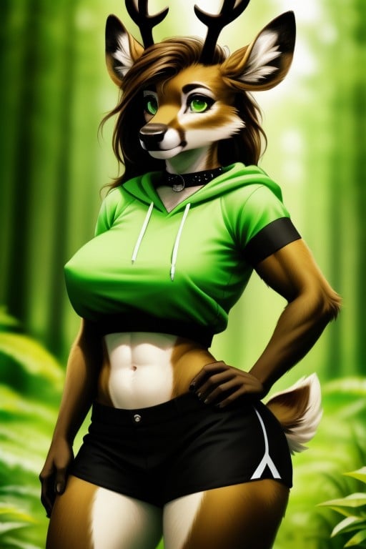 Muscular Legs, Green Eyes, Deer Woman Furry AI Porn