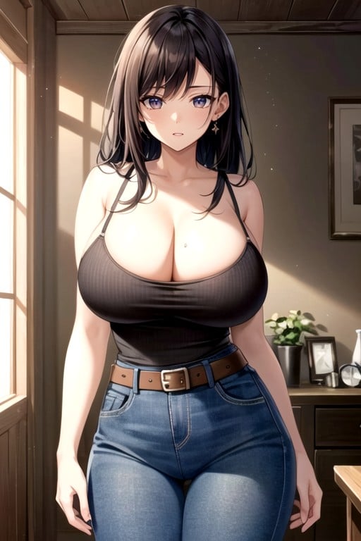 Woman, Tank Top, High Waist Jeans With BeltPorno IA Hentai