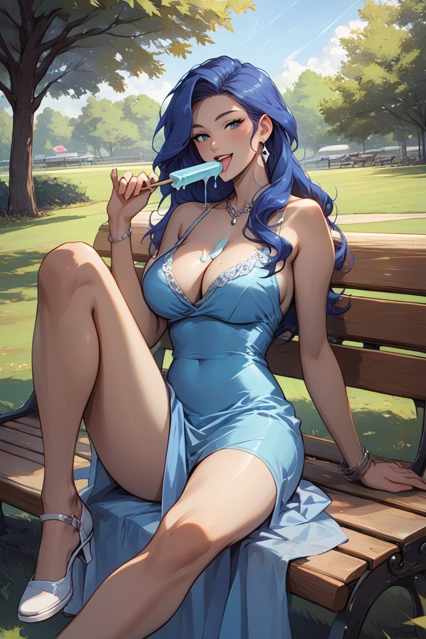 Cleavage, Leaning Back Against Bench, Park Furry AI Porn