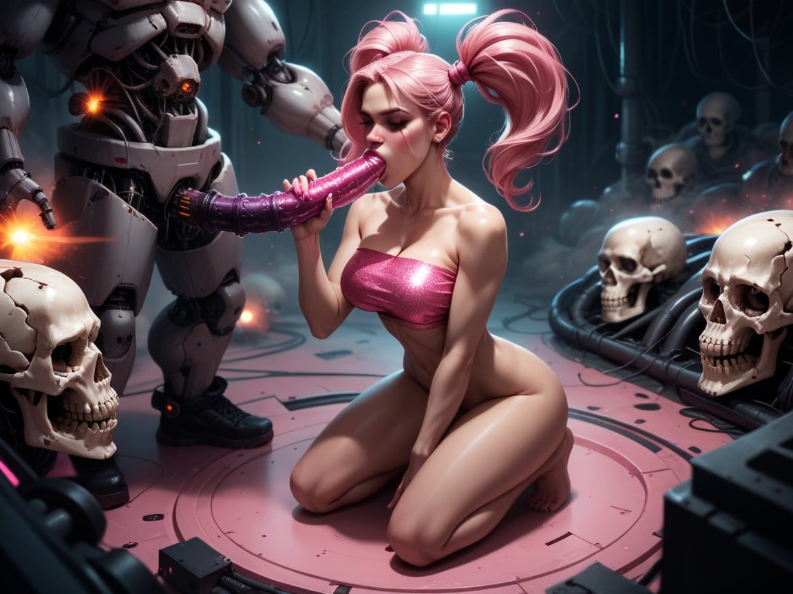 Kneeling, Pink Sparkly Tube Top, Skull MachinePorno shemale IA