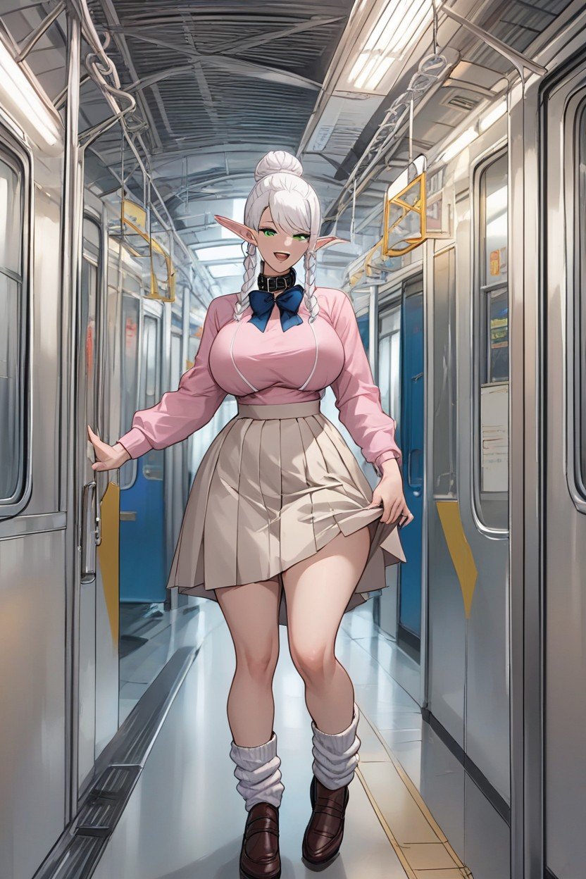 Elf User Cosplay Costume Ayase Momo From Dandadan, Red Pussybow, Brown Oxford Shoes Hentai AI Porn