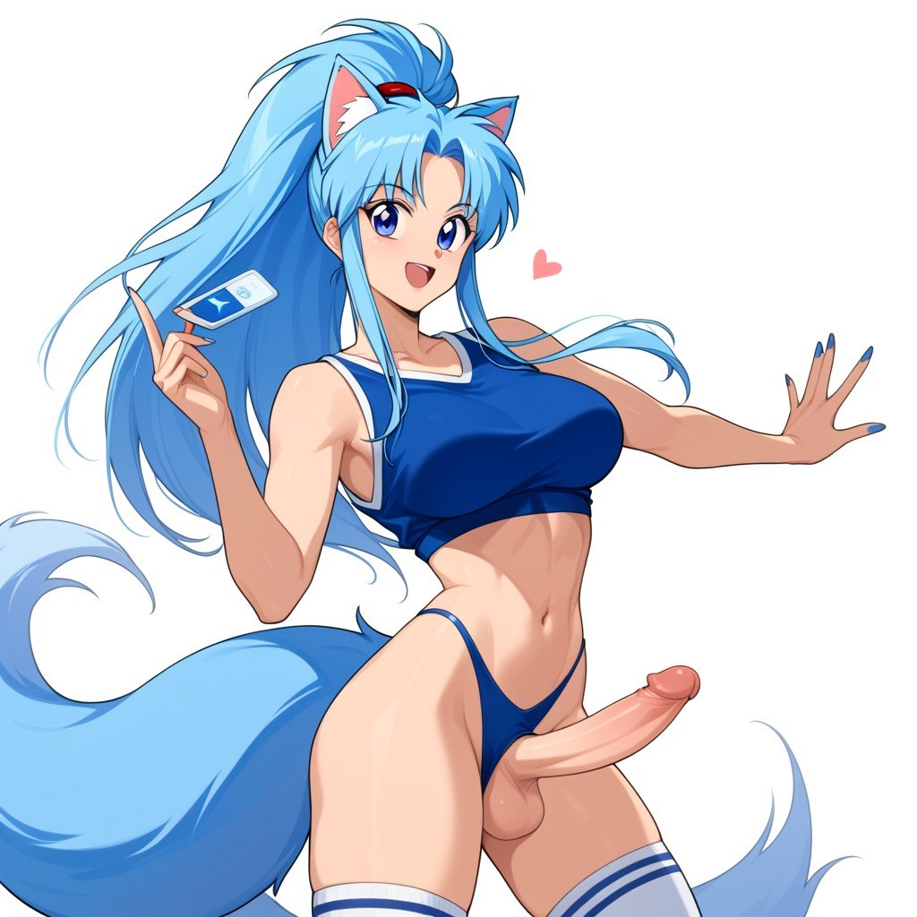 Straight Hair, Blue Hair, Botan From Yu Yu Hakusho Trying To Hide Her Massive Dick Between Her Legs Shemale AI Porn