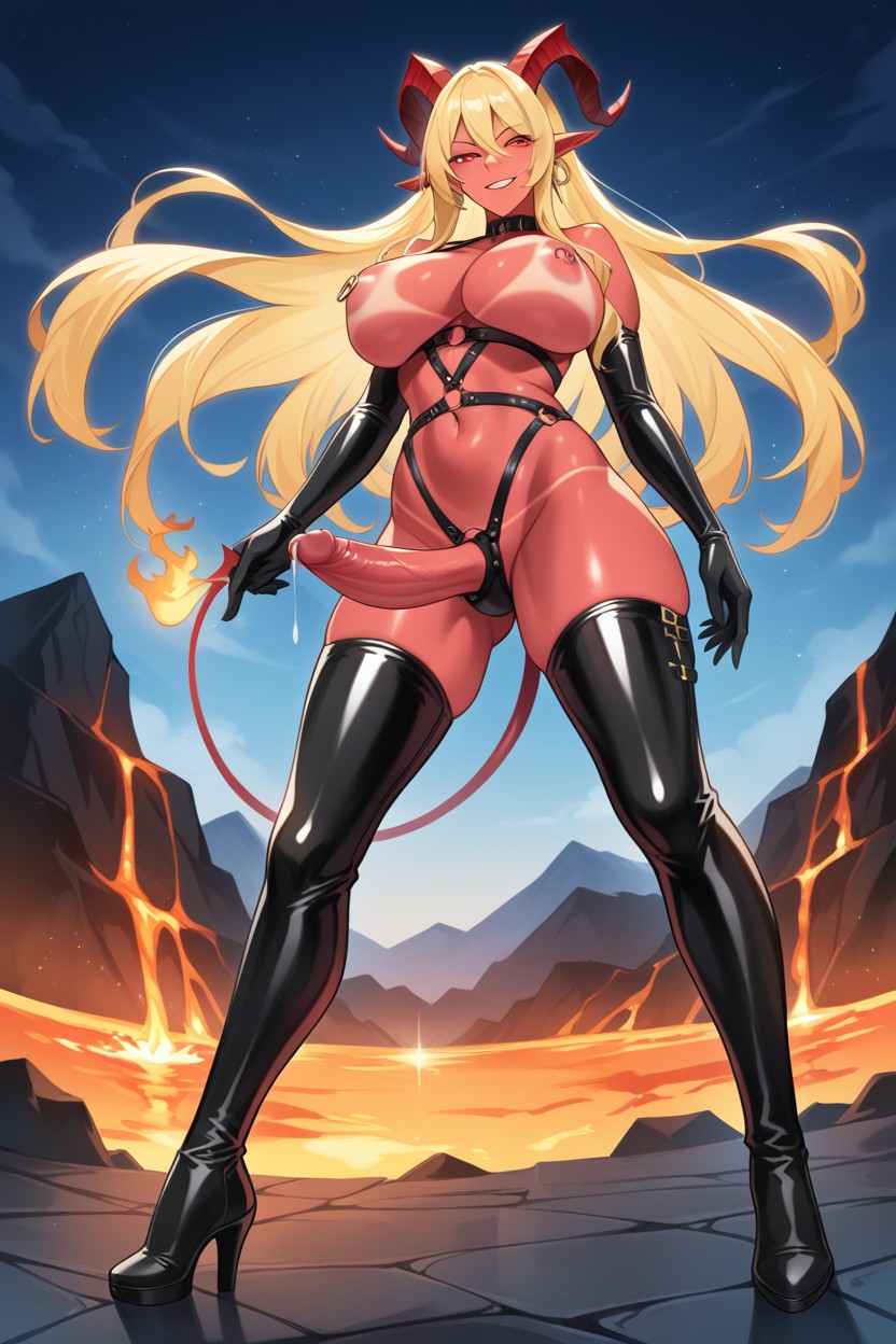 Red Demon Tail, Red Skin, Symmetrical Image AI Porn