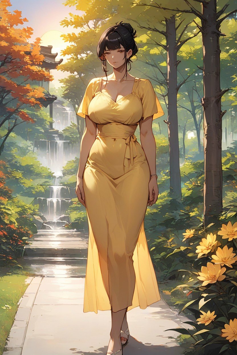 丸い胸, Yellow Sun Dress, Hair BangsファーリーAIポルノ