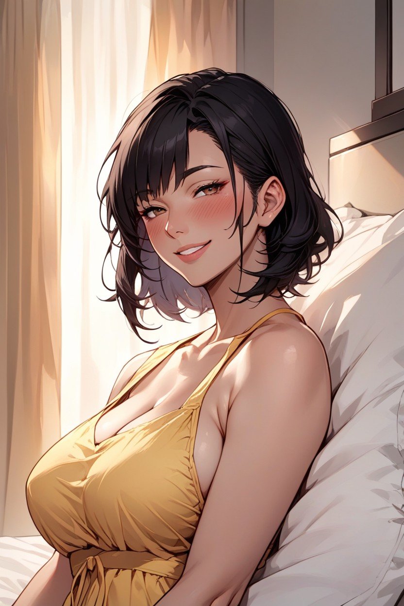 短发, Yellow Sun Dress, 棕色眼睛AI黄漫