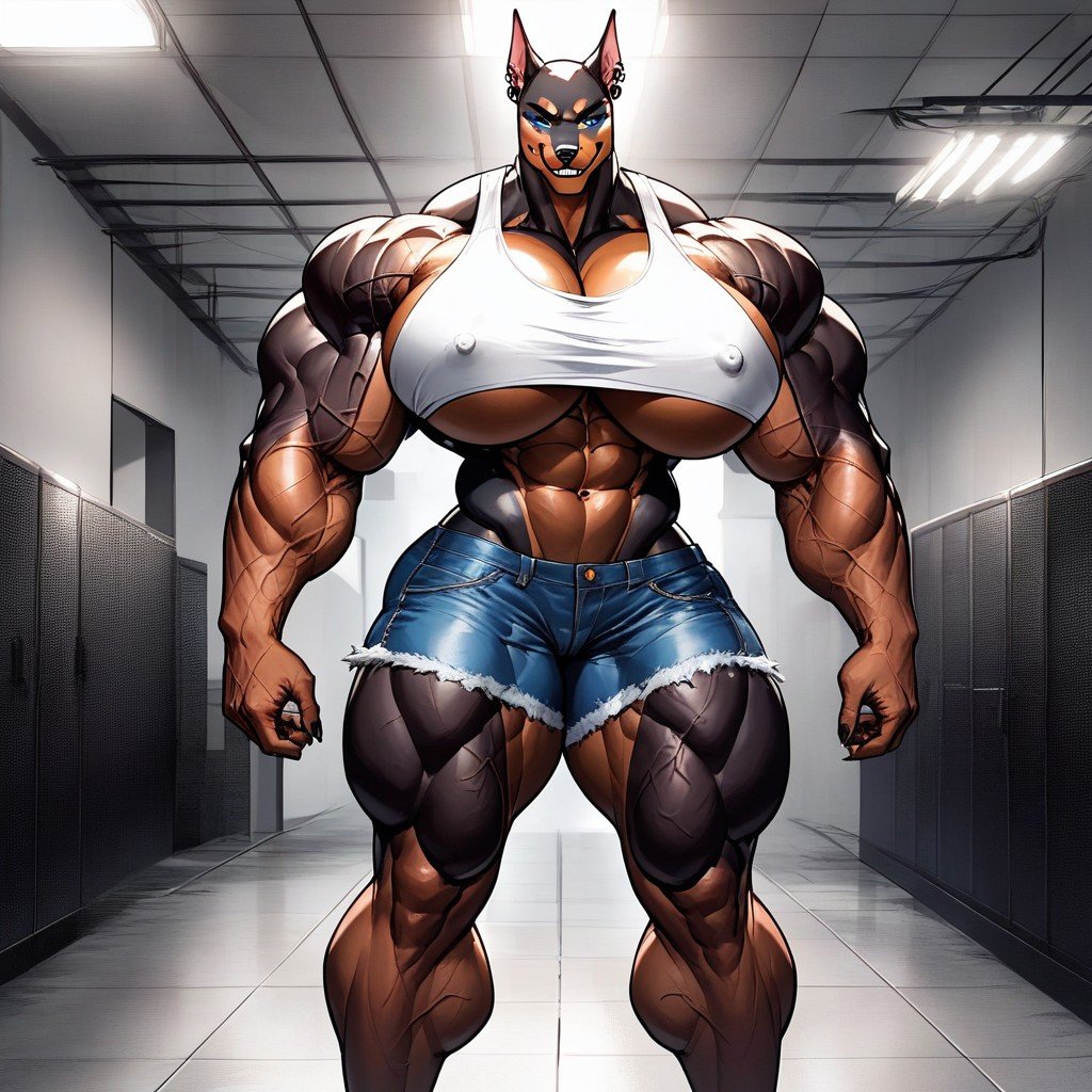 Jean Shorts, Smirking Massive Muscles Big Veins Massive Thigs, Massive Muscles Giant Thick Furry AI Porn