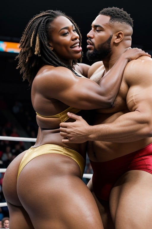 Face, Open Mouth, Thick Ripped Hyper Muscular Heavyweight African Woman Bodybuilder Wrestle Vs Thick Ripped Hyper Muscular Heavyweight Russian Woman BodybuilderニューハーフAIポルノ