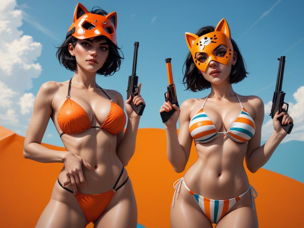 Decorated Bikini, Orange Ski Mask, Two Women쉬메일 AI 포르노