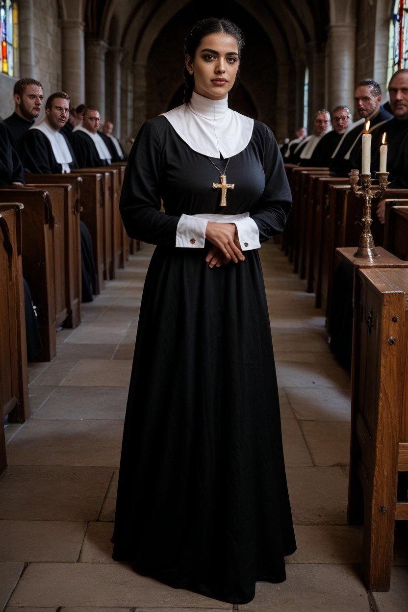 Tied To Wooden Cross In Medieval Church, Black Hair In A Braid, Full Body View퍼리 AI 포르노