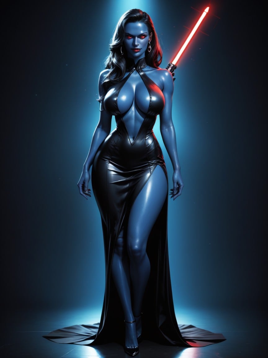 Shiny Red Lipstick, Race Chiss From Star Wars, Futuristic Black Tights DressPorno IA transsexuelle