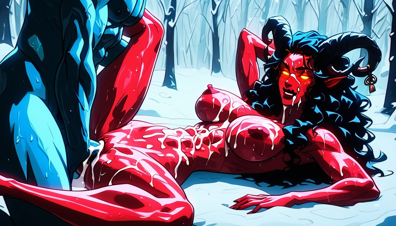 Beautiful Sweet Krampus Woman, You Can See Big Sweaty Breasts, Forest AI Porn