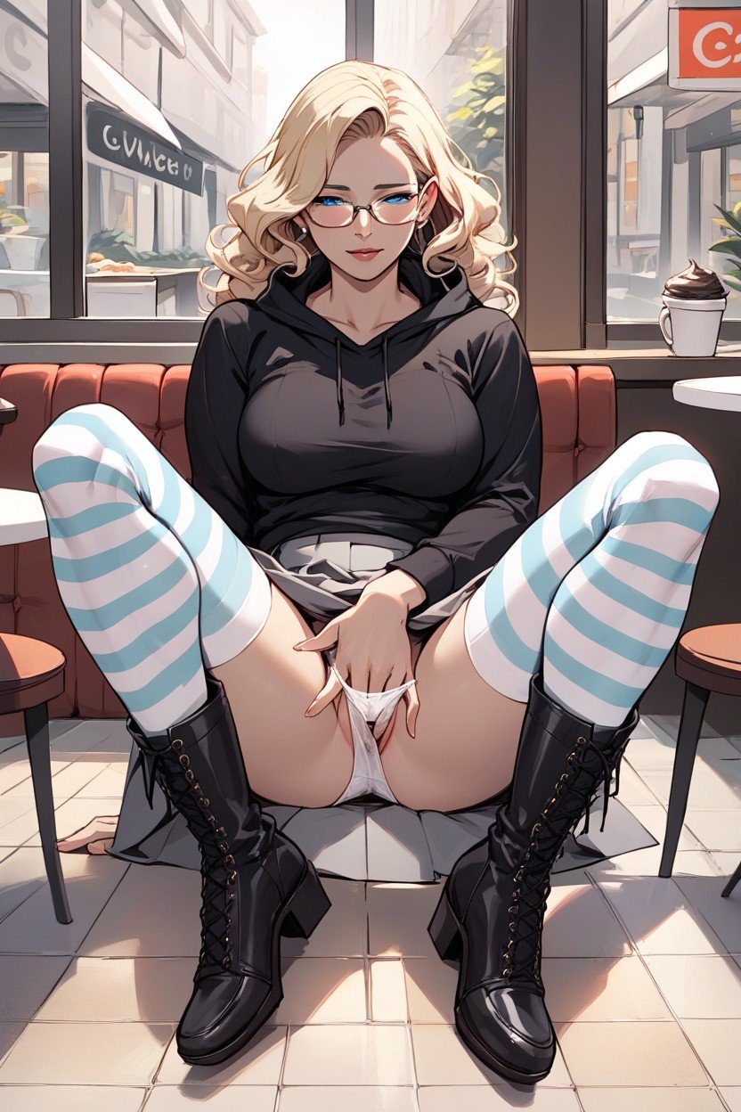 Black And White Striped Stockings, Boots Cafe, Blonde Hair Shemale AI Porn