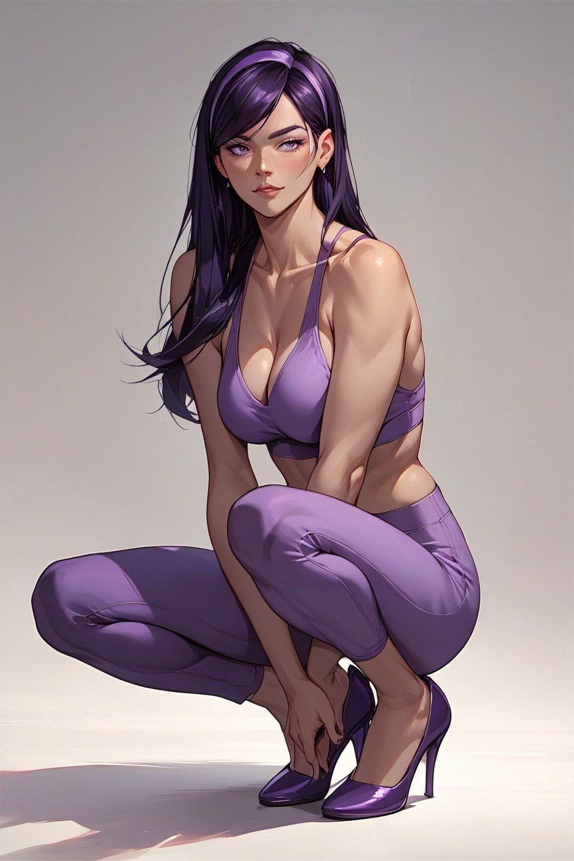 Purple Shiny High Heels, Purple Yoga Pants, Violet ParrAI黃漫