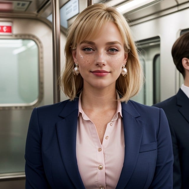 Dark Blue Business Suit, White Business Blouse, Freckles Travesti IA Pornô