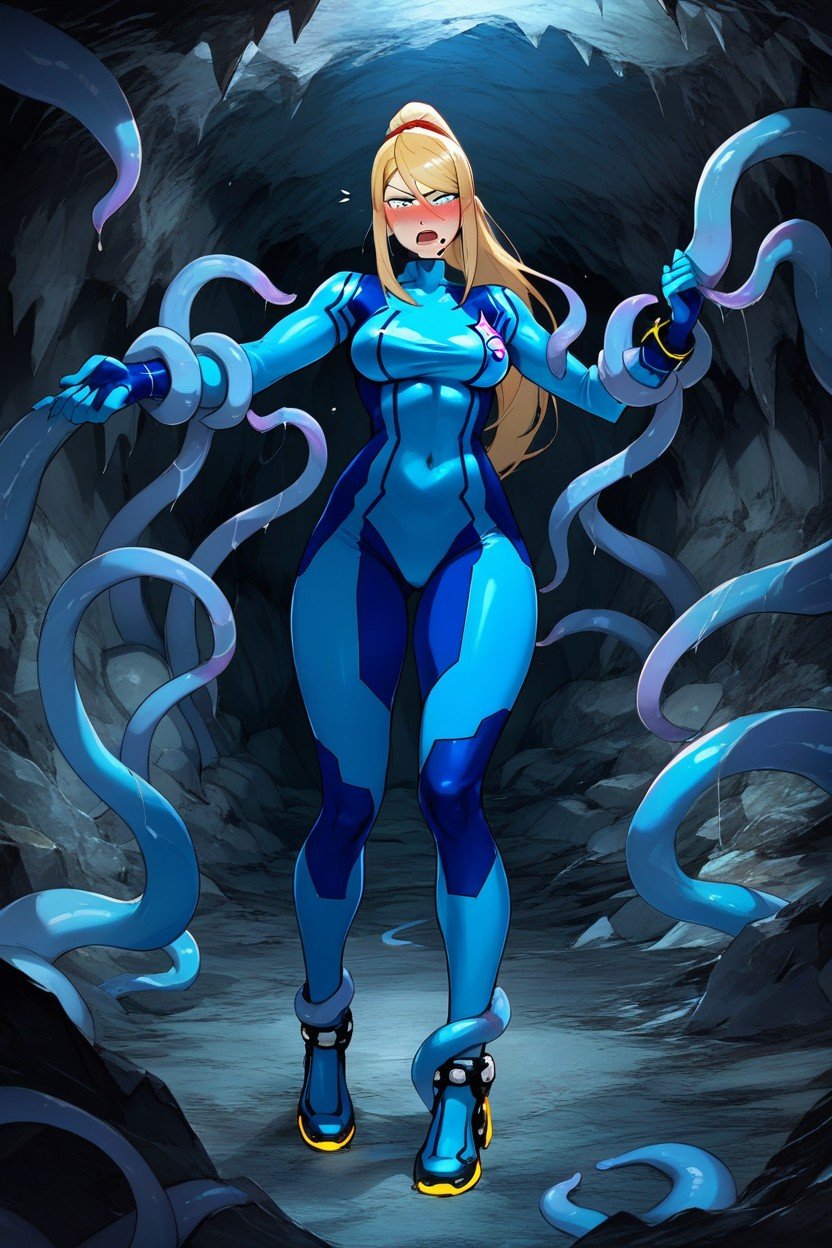 Blue Tentacles, Neck, Tentacle Pulling On Body Suit쉬메일 AI 포르노