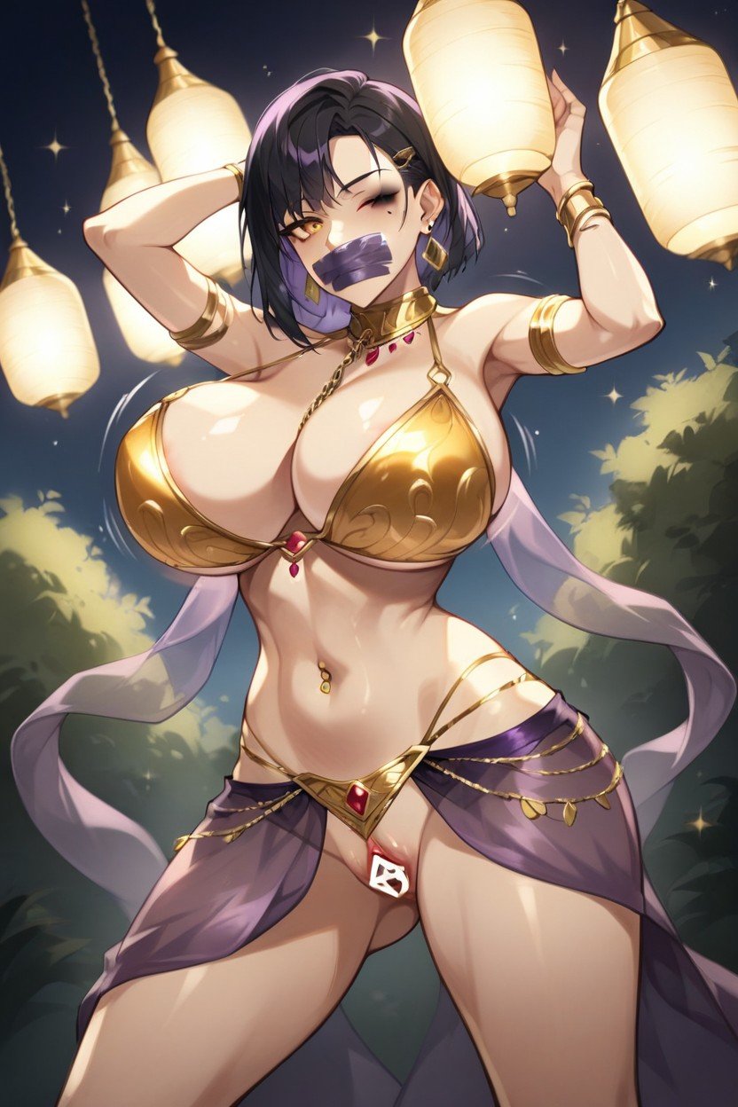 Bright Hanging Lights, Belly Dancer Costume, Shiny Gold Bikini Top쉬메일 AI 포르노