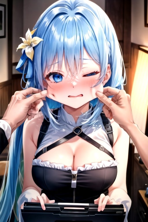 Blue Hair, Large Breast, Bust Shot Shemale AI Porn