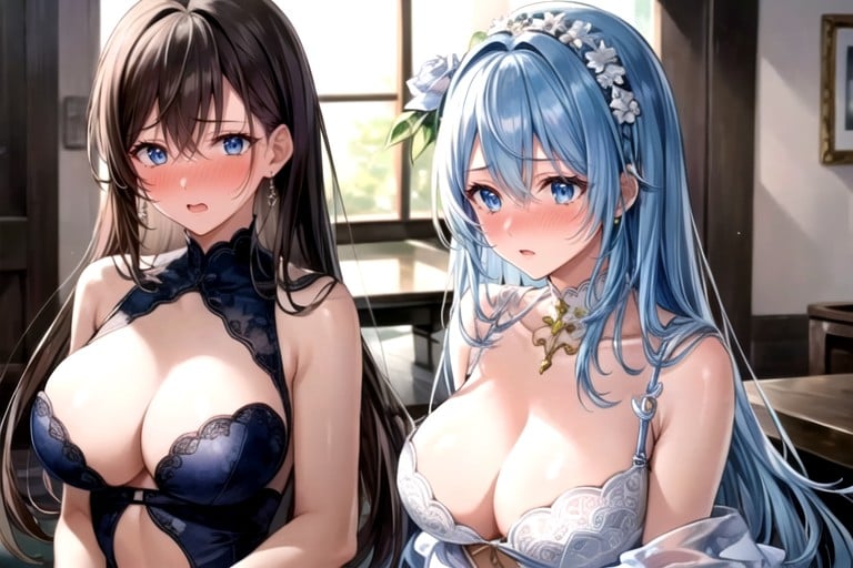 Large Breast, Blue Hair, Embarrassed  Hentai AI Porn