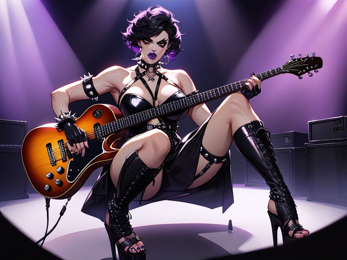 Dynamically Playing Guitar, Goth Beautiful Rock Singer Dominatrix Performing On A Stage, Black Pixie Hair Purple LipsニューハーフAIポルノ