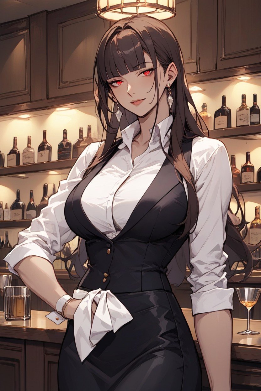 Blunt Bangs、bartender, Dark Brown Straight Long_hair, 紅色眼睛sites.postSEOTitles