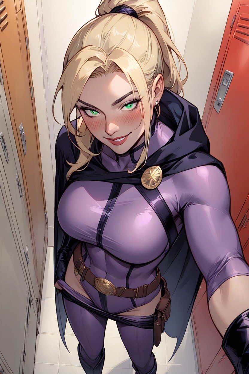 Purple Hooded Cape, Knee High Black Boots, Blonde Hair In A Ponytail Shemale AI Porn