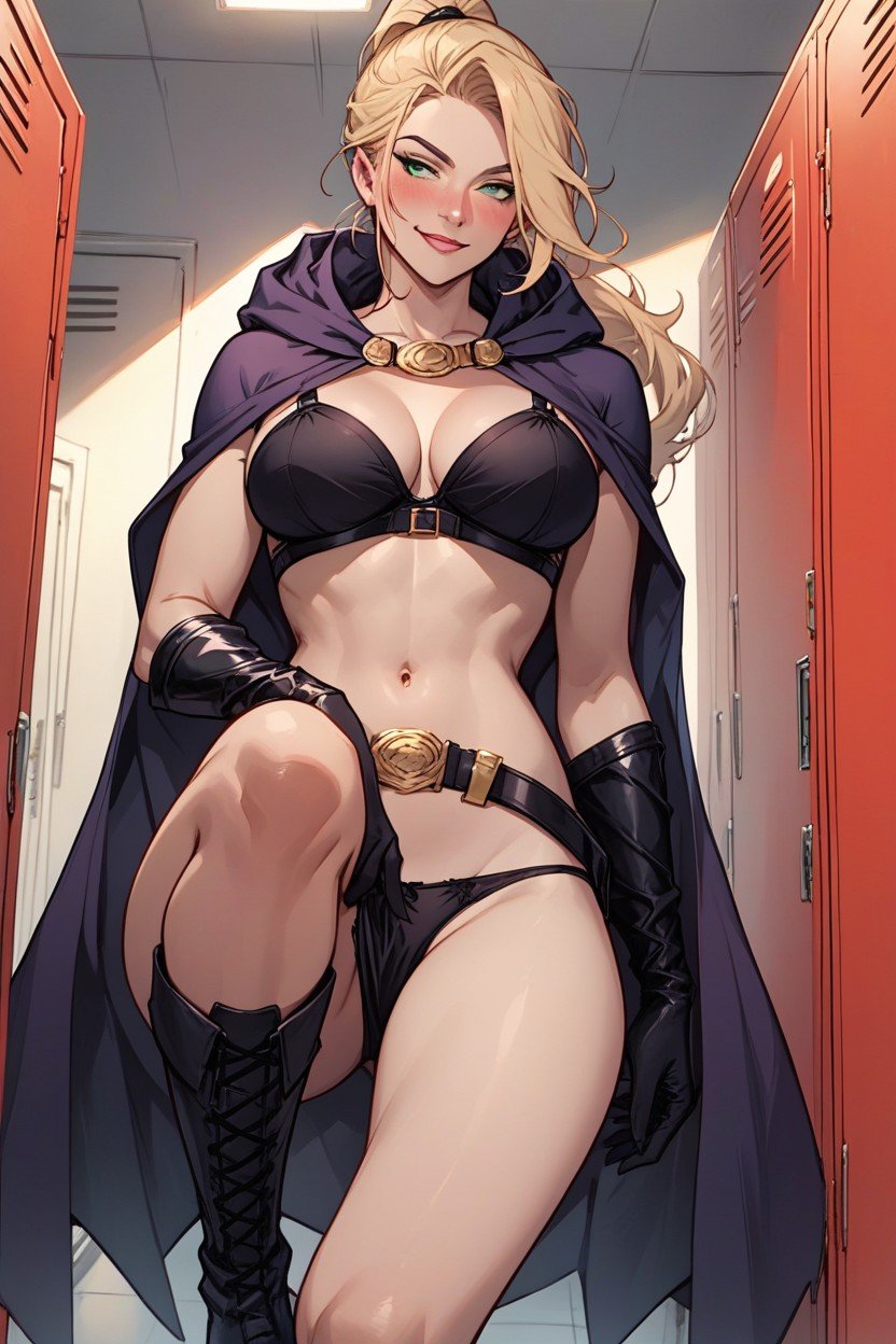 Blonde Hair In A Ponytail, Looking At Viewer, Purple Hooded Cape Hentai AI Porn