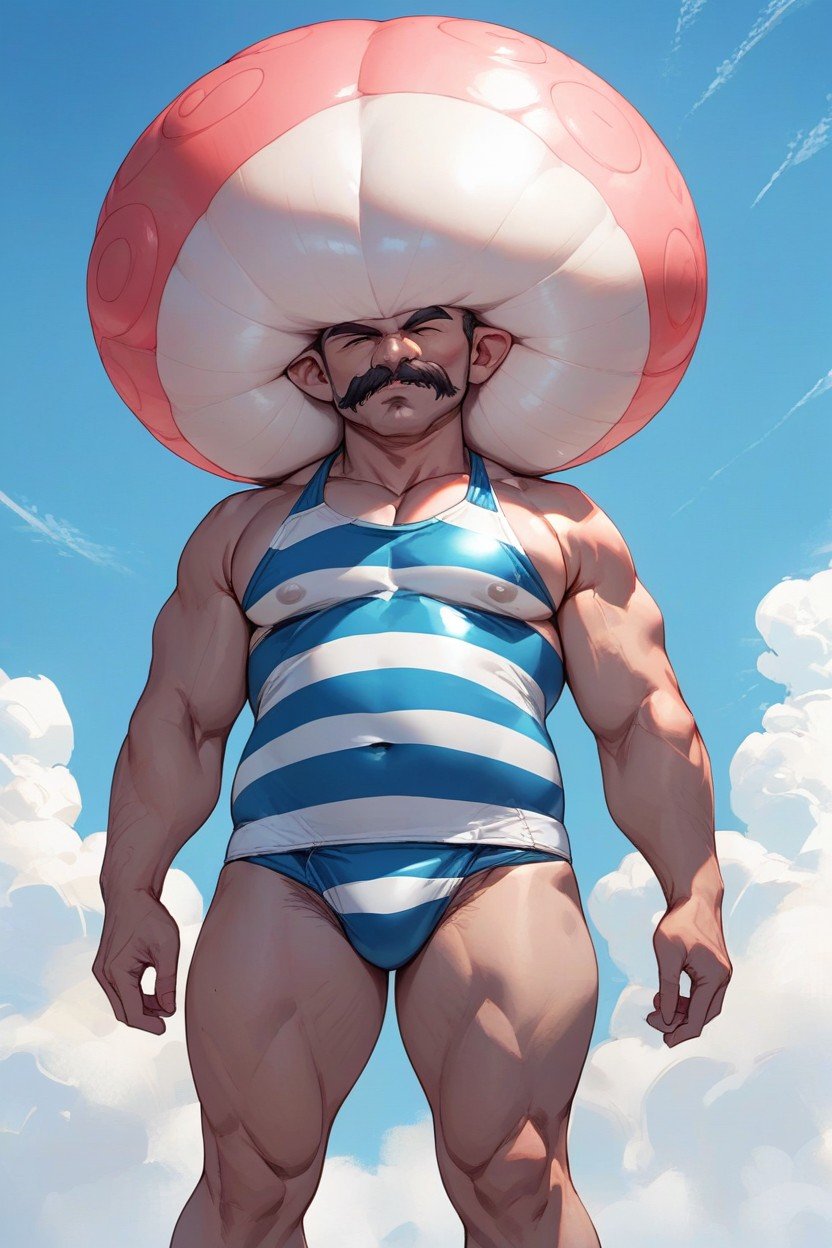 Pale Skin, S Striped Swimsuit, Giant Oversized Bobble HeadニューハーフAIポルノ