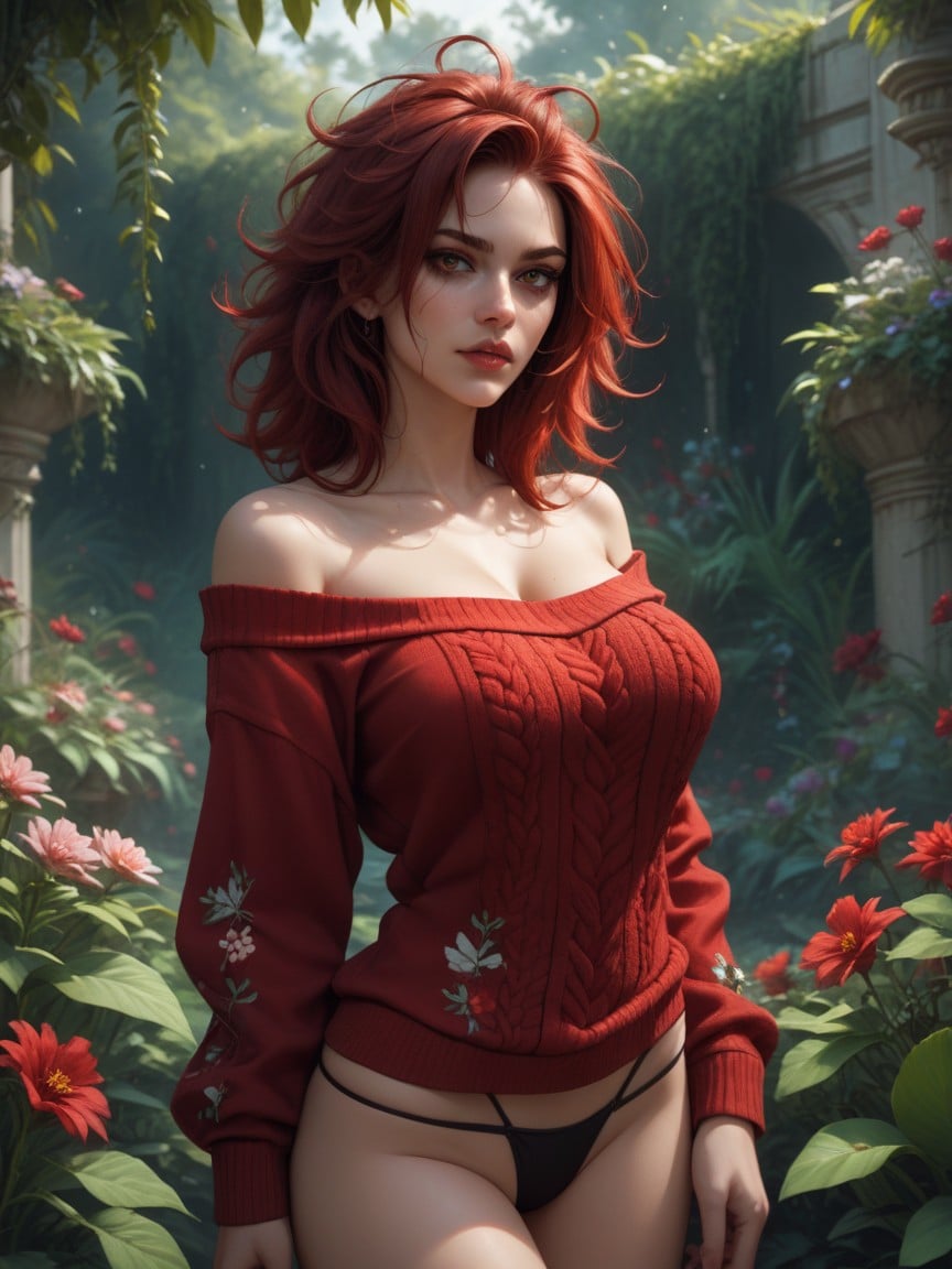 Off The Shoulder Decorated Sweater, Thong, Red Messy Hair人妖AI色情