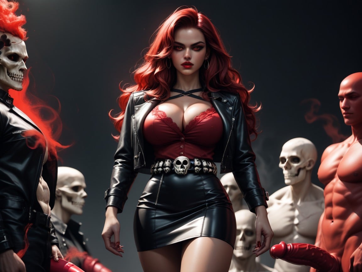 Red Blouse, Long Black Leather Jacket, Skull Belt Shemale AI Porn