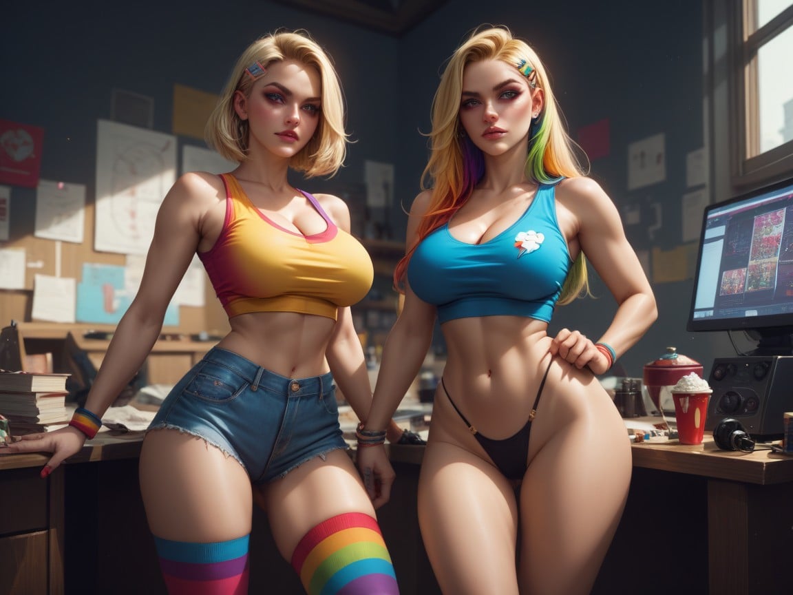 Two Women, Blonde Bob, Thigh High Rainbow Socks Shemale AI Porn