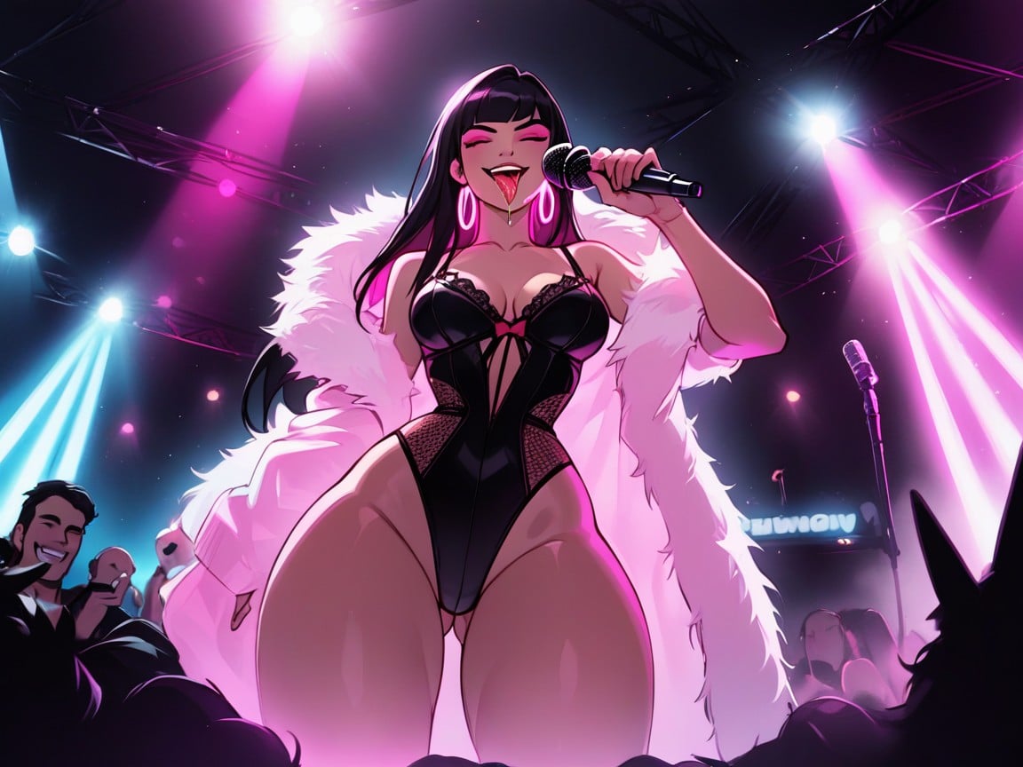 Straight Black Hair, Woman Holding Microphone, Hips Wider Than Shoulders Latina AI Porn