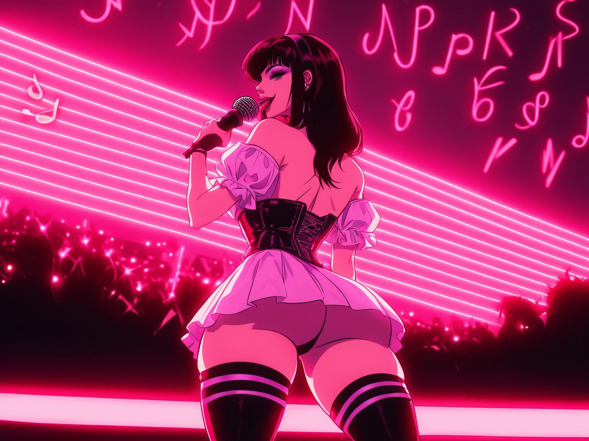 Neon Pink Lights In Background, High Color Contrast, One Woman Hentai AI Porn
