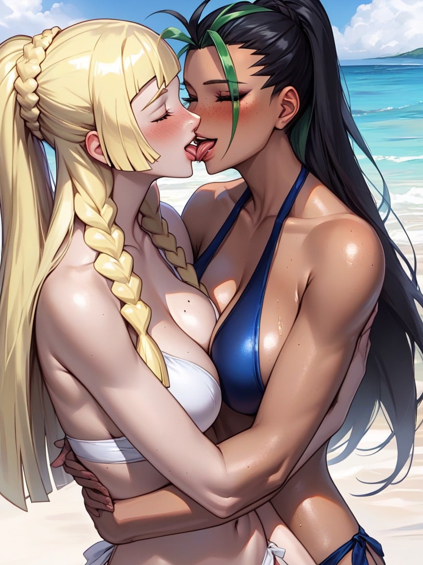 Beautiful Face, Blonde Hair, Lillie Laying Her Head On Nemonas Shoulder Shemale AI Porn